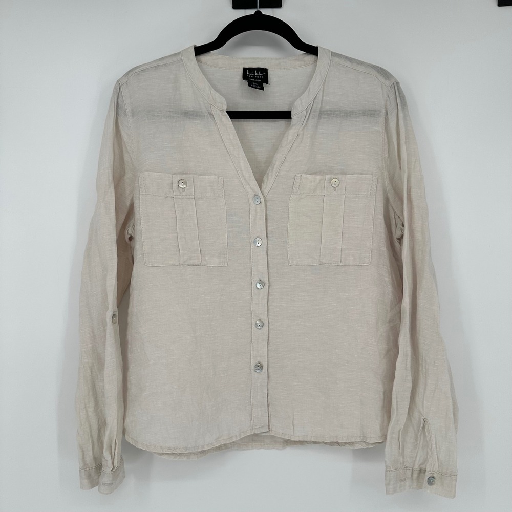 Nicole Miller 100% Linen Bone Beige Button Up Split Neck Blouse Roll Tab Sleeve